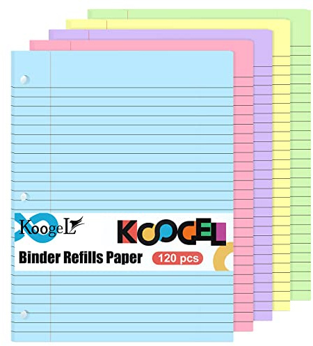Koogel 120 Sheets Coloured Lined Refill Paper - 5 Vibrant Colours, 20 x 26.5cm 3-Hole Punched Compatible with Most A4/A5 Binders & Planners, Thick Anti-Bleed Paper for Notebook Organiser School Office