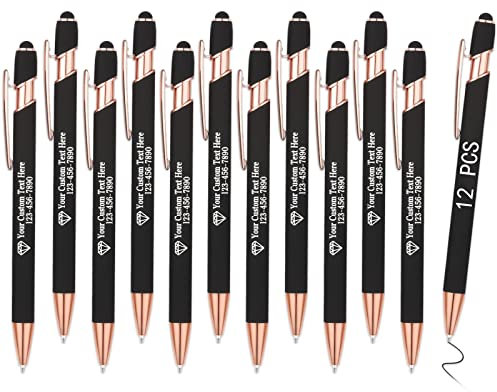 OXYEFEI Rosegold Kugelschreiber mit Gravur, 1mm 12Farben Optional mit Stiftspitze Personalisierte Stifte Hochwertig Metall Touchpen mit Text Muster oder Logo für Touchscreens(12 Stück, Schwarz)