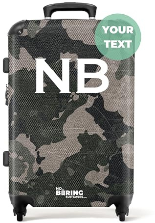 NoBoringSuitcases.com® Koffer personalisiert, 67x43x25cm - Reisekoffer Groß - Koffer Mittelgroß, Koffer Hartschale - Hartschalenkoffer - Grünes Tarnmuster mit Sandfarbe - Koffer mit Namen Initialen