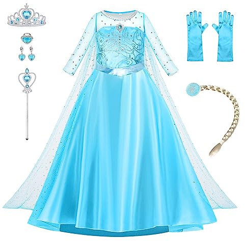 AOOWU Prinzessin Kostüm Mädchen, 9-teiliges Eisprinzessin Set Kleid Kinder mit Krone Handschuhe Zauberstab, Cosplay für Karneval Halloween Verkleidung Party (120cm)