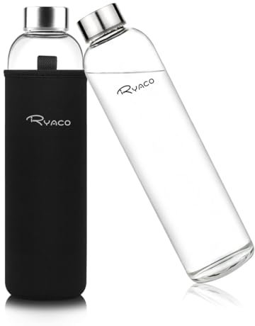 Ryaco Bottiglia d'Acqua 750 ml/25oz, Borraccia Vetro Portatile con Guaina per Bevande Calde e Fredde, Senza BPA, Borraccia in Vetro con Pennello in Spugna, Lavabile in Lavastoviglie