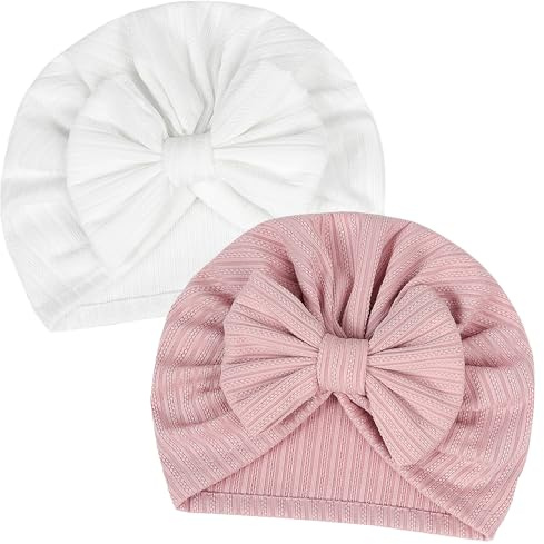 2st Babymössa Mjuka Elastiska Baby Turban Hattar för Flickor Pojkar Nyfödda sjukhuskepsar (rosa/vita)