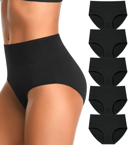 OPIBOO Cotton Womens Underwear High Waisted Tummy Control Full Coverage Postpartum Essentials Panties Stretch Comfortable Briefs Black M