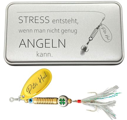 Gluecksfish Angler Geschenk mit Gravur – Metallbox & echter Angelköder | Geschenk für Angler, Papa, Opa und Männer | Angelgeschenk zum Vatertag, Geburtstag, Weihnachten