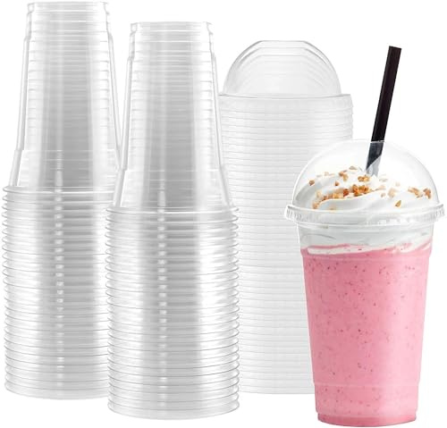 Oyster 250 x 16oz Clear Smoothie Cups with Dome lids - Strong Clear Plastic Cups for Milkshakes, Smoothies, Iced Coffee, Slusly and Bubble Tea - 100% Reusable Cups