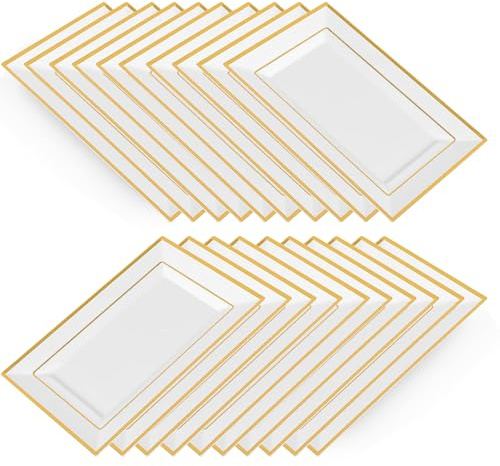 Cobenga 20 Stück wiederverwendbare Serviertabletts, dicke Plastikplatten für Partyessen, 33 x 20 cm große Servierplatten mit Goldrand, rechteckige Servierplatten für Geburtstage, Hochzeiten und Abschl
