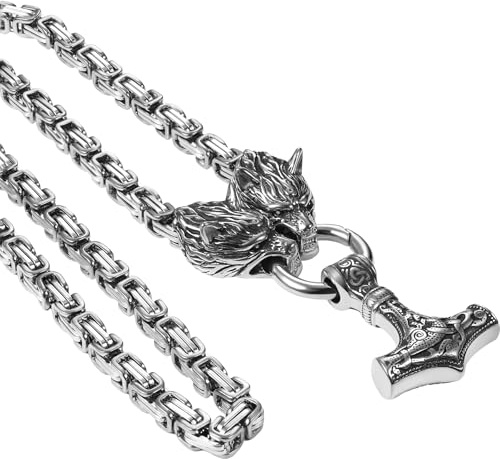 OIDEA Viking Mjolnir Necklace for Men: Punk Stainless Steel Thors Hammer Necklace Amulet Pendant Heavy Duty Wolf Head Byzantine Chain Norse Pagan Jewelry Gifts, Silver 28''