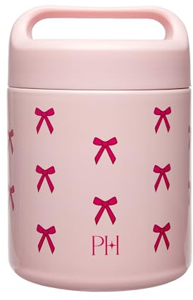 Paris Hilton Stainless Steel Food Jar, Double Wall Vacuum Sealed Insulated Food Storage Container with Carry Handle Lid, 12-Ounce, Pink with Bow Design