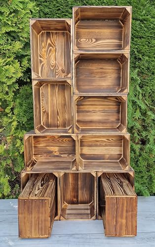 PYXIDAS Cassette in legno effetto legno bruciato - misura media, adatte ad essere utilizzate come contenitori decorative, resistenti e pulite 35x25x18 (Effetto Bruciato 12 Cassettine, 35x25x18)