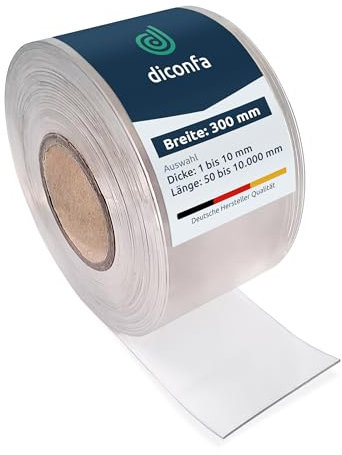 diconfa PVC-Streifen glasklar 300mm 30cm breit - 0,05 bis 10m lang - 1 bis 10mm stark ==> 300 x 9500 x 3mm (30 x 950cm) - Gummistreifen Weich-PVC durchsichtig transparent Streifen-Vorhang Meterware