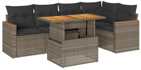 vidaXL 6-TLG. Garten-Sofagarnitur mit Kissen Grau Poly Rattan Akazie