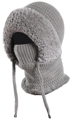 Hatt och halsduk set - stickad snömössa set, vinterhatt och halsduk | Stickad vintermössa och snömössa skidhatt, skidmössa med skydd för Vis, Grå, riferimento alla descrizione