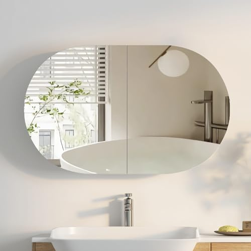 KEEPREAPER Ovaler Spiegelschrank Bad mit Spiegel und 5 Fächern, Badezimmerspiegelschrank Badschrank Hängend mit Festen 3 Einlegeböden für Badezimmer Modern, 96x12x60cm, Weiß