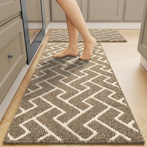 Biscpro Kitchen Rug Set 2 Pieces, Washable Non-Slip 100% Polypropylene Kitchen Floor Mats, Super Absorbent and Stain-Resistant Floor Runner Rug, Hallway Runner, Entryway(Beige, 50x80+50X120cm)