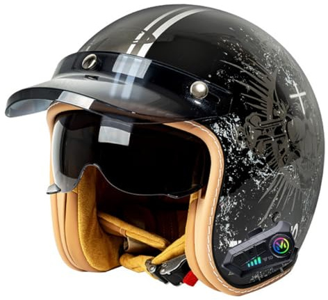 Caschi Jet E Demi-Jet Moto Vintage Bluetooth Omologato ECEDOT Mezzo Casco Motociclista Caschi Cromwell Scooter Cruiser Con Visiera Portatile Casco Scodella Per Uomo Donna 3,L:59-60CM