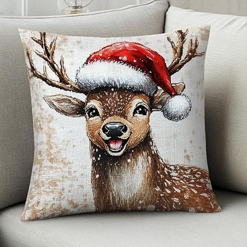 Wallphantom Noël Kit Coussin Point de Croix,Cerf avec un chapeau de Père Noël,Coussin à Broder Artisanal,45x45cm Points De Croix Pour Adultes,Coussin avec Fil et Aiguille à Broder