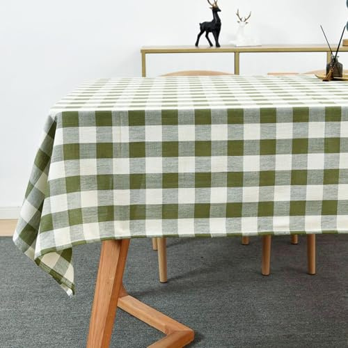 Yofori Tischdecke Kariert, 135x220cm Grün Leinenoptik Tischdecke Abwaschbar Baumwolle Tischdecken Rechteckig für Esstisch, Bierzeitgarnitur, Garten, Outdoor
