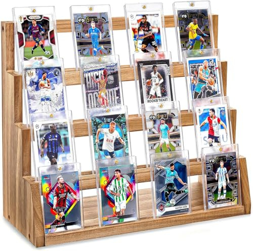 Emfogoo Sammelkarten Display, 4 Etagen Holz Sammelkarten Ständer, Baseballkarten Kartenständer mit Kartenhalter und Einstellbaren Fächern für Sportkarten Sammeln Ausstellen (Retro Braun)