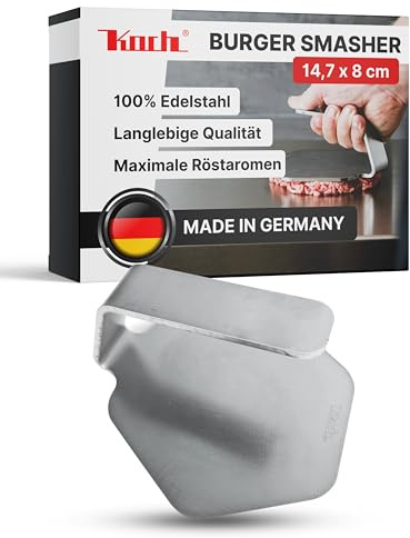 Koch Burgersmasher aus V2A Edelstahl I 15,0 x 8,0 cm I 4mm Stärke & 620g Gewicht I Für Smashed Burger & Smashed Potatoes I Ergonomischer Griff, Spülmaschinengeeignet & Rostfrei I #46