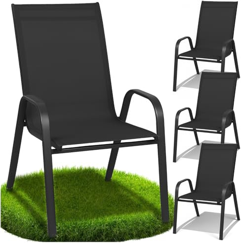 ZOLTA 4X Gartenstuhl Metall Schwarz – Outdoor Stuhl Balkon Terrasse – Textilen Stoff stapelbar – Gartenmöbel Set mit Armlehne – wetterfest UV-beständig – ergonomisch & bequem – max. 120 kg Belastung