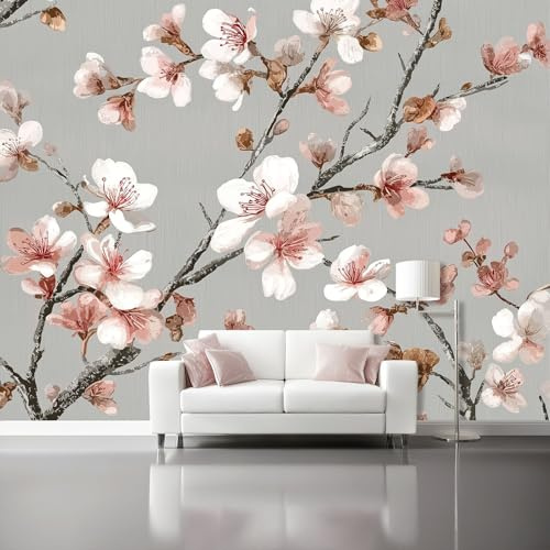 Papel pintado Carta da parati fotografica Rami di ciliegio in fiore cinesi = Moderne Decorazione Soggiorno Camera De Letto Sala Ufficio 200 x 140 cm corridoio decorazioni pareti Rosa Grigio