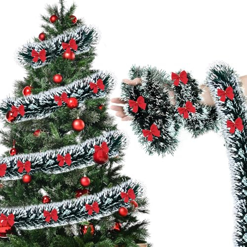 5 Piezas Guirnalda de Oropel de Navidad,ZoneYan Espumillon Guirnaldas navideñas,2m,Brillante Espumillón,Guirnalda de Oropel de Navidad con Lazo Rojo,para Decoración (Rojo)