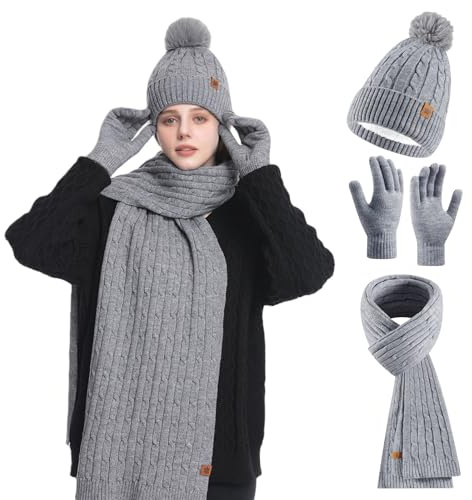 HOSPAOP Mütze, Schal & Handschuh-Sets für Damen 3 in 1 Set – Wintermütze Damen Beanie mit Bommel, Schal Winter, Touchscreen Handschuhe, Wärmeset für Outdoor & Alltag