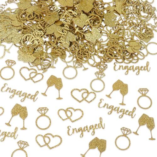 200Pcs Engagement Party Decorations Gold Engaged Confetti Glitter Diamond Ring Heart Shaped Table Scatter Sprinkles for Wedding Engagement Bridal Shower