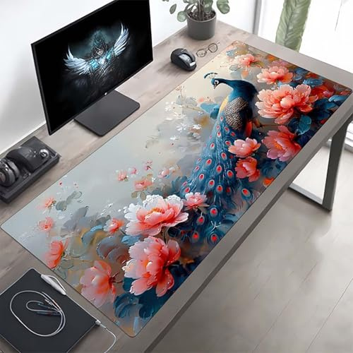 Gaming Mauspad 1600x800x3 mm Gaming Mousepad XXL Blau Pfau Mauspad Schreibtischauflage, Genähte Kanten Mausmat, rutschfeste Gummibasis, Schreibtisch Schutz für Home Büro, Geschenke PjY9920 N-2