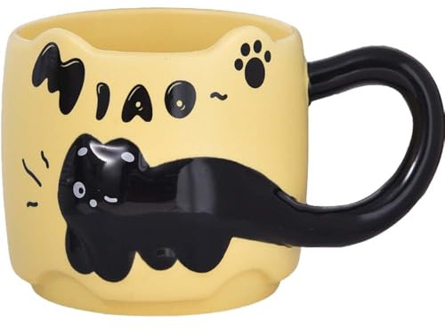 ZONSUSE Tazza Gatto Nera Carina, Tazza da Caffè con Gattino 3D, con Manico a Forma di Coda, Mug Divertente con Animali, Regalos Originales per Donna Amici Bambini 350ml (Gatto Nera-Giallo)