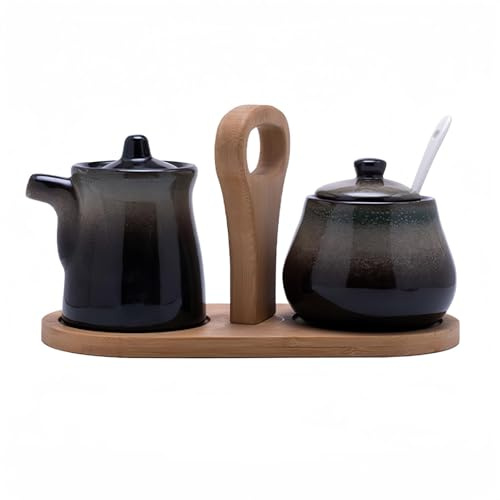 BRGD Grau Japanisches Sahne und Zucker Set, Zuckerdose Barista Milchkännchen mit Deckel und Löffel für Zucker, Salz, Pfeffer, Gewürze und Mehr