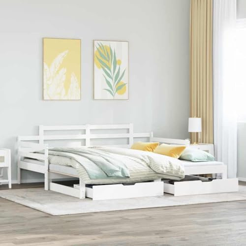 Hoopleep Utdragbar dagsäng med 2 lådor, massiv furu, vit, 90 x 200 cm enkelsäng, utdragbar för dubbelsäng, mångsidig bäddsoffa för gästrum, med förvaringsutrymme