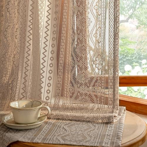 MYSKY HOME Spitzen Vorhänge Blumen Boho Vorhang Durchsichtig Stabtasche | Braun,2er Set,H225 x B140 cm,Landhaus Gardine,Vorhänge mit Floralem Webmuster,Gardinen Wohnzimmer
