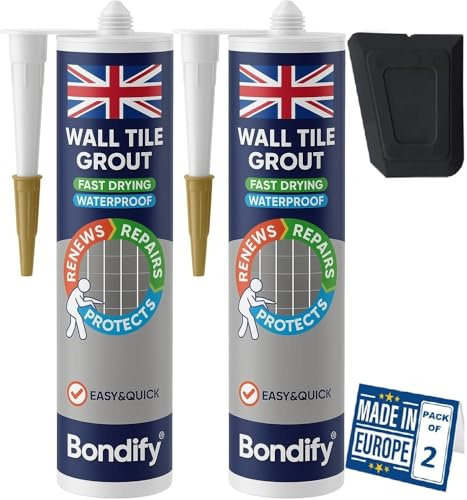 BONDIFY Waterproof Wall Tile Grout Black Cartridge Ready Mixed 450g x 2 FAST DRYING Anti Mould Wall Grout Repair Kit Black, Grout Reviver for Shower, Bathroom, Kitchen, Quick Drying Tile Gap Filler