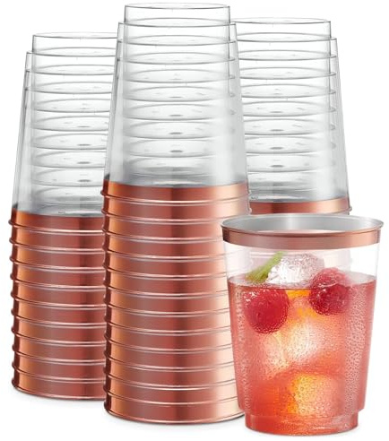 ZkateTrade 50 Stück Hartplastik Plastikbecher mit Roségoldem Rand, 300ml/10oz Kunststoff Partybecher, Mehrweg Transparent Trinkbecher für Party, Hochzeiten, Geburtstag
