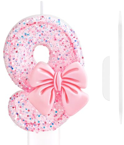 AYBUY Födelsedagsljus, glitter 9 sifferljus | Festdekorationer, rosa rosett grattis på födelsedagen ljus, tårtdekoration för pojkar flickor barn rosa tema, festtillbehör