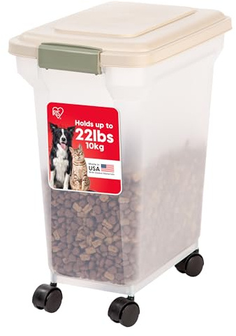 IRIS USA Airtight Dog Food Storage Container, WeatherPro, Up to 22 lbs, Removable Wheels, for Dog Cat Bird and Other Pet Food Storage Bin, Keep Fresh, Made in USA, Almond/Clear