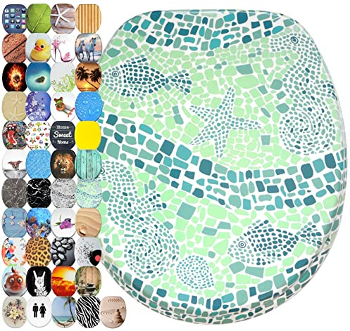 Sanilo Abattant WC frein de chute, Grande sélection de lunettes de toilette avec abaissement automatique, Fixation facile (Mosaïque Mondiale Vert)