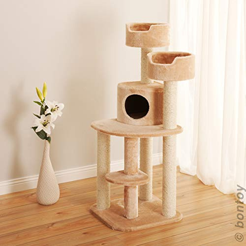 Bontoy Kratzbaum Jerry I 49,5 x 49,5 x 126 cm I mit 9 cm Sisalstämmen I auch für größere Katzen geeignet I erhältlich (Creme)