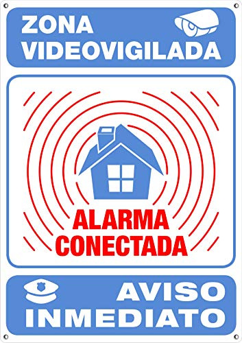 Cartel METÁLICO Alarma Conectada Interior/exterior y Ultra-resistente | Disuasorio ante robos | Placa Aviso a policía, 30x21 cm Cartel Videovigilancia Homologado | Zona Videovigilada
