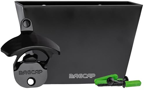 MAGCAP Magnetic Wall Mounted Bar - Style Bottle Opener and Bottle Cap Catcher Set for Beer and Sodas - Stylish, Easy to Install and Effortless to Use - Collects the Caps so You Don't Have to!