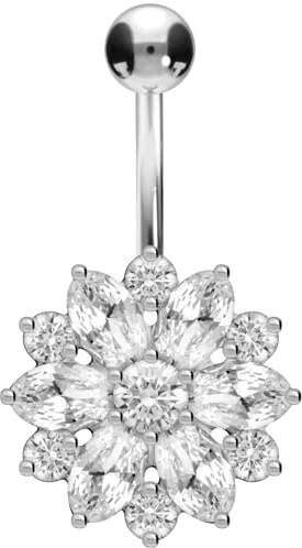 PIERCINGLINE Bauchnabelpiercing aus Titan mit Kristall-Blume - 925er Silber - Bananabell Piercing in 3 stylischen Farben