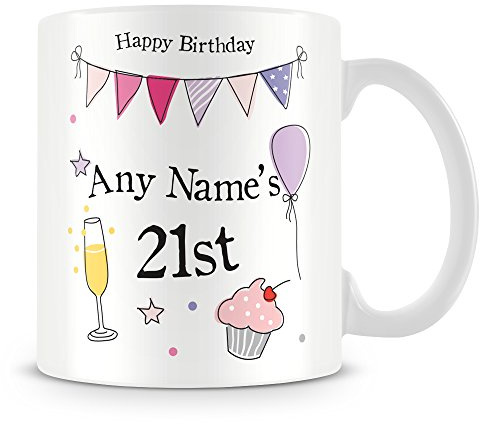 MUGGZ Personalised 21st Birthday Mug, Colourful Keepsake Cup | 21st birthday gifts - sister or best friend - colourful bunting and balloon keepsake