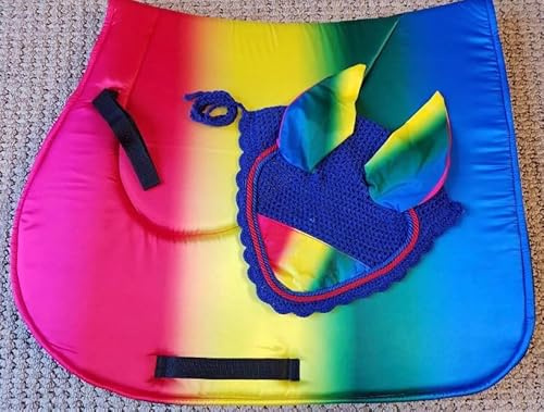 Lift Sports Rainbow Horse English Saddle Pad Set with Matching Fly Bonnet Fly Veil Ear Net Hand Made Cotton Crochet Full Size Protect from Flies and Bugs. (Full/Horse)