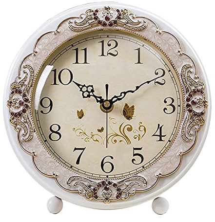 Justup Vintage-Tischuhr, Retro, Nicht tickend, europäischer Stil, Schreibtischuhr, batteriebetrieben, geräuscharmes Quarz-Uhrwerk für Schlafzimmer, Wohnzimmer, Innendekoration (weiß)