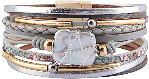 Fesciory Leoparden-Armband für Damen, Boho-Leder-Wickelband, mehrschichtiges Perlen-Kristall-Armband, Armreif, Schmuck, 7.67 inch, Leder, Achat