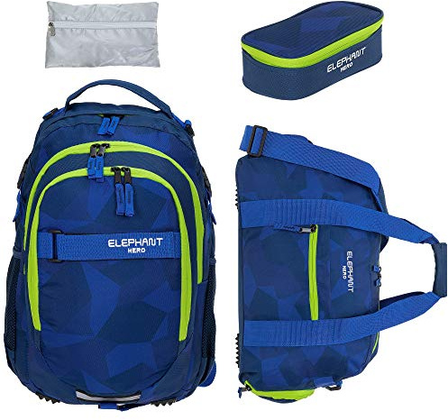 Elephant 4 Teile Set Schulrucksack Hero Auswahl 12770 Cyber Camo Neon rsmr | Signature Rucksack Blau Neongelb + Sporttasche + Mäppchen + Regencover Regenschutz