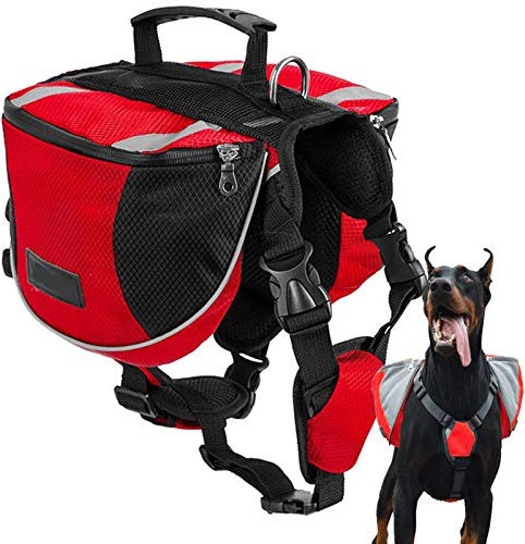 PJDDP Hunderucksack Hundetasche Hund Packtaschen Doppeltasche Satteltasche Für Hound Travel Outdoor Hund Rucksack Reflektierende Verstellbarer Hundegeschirrtasche Für Mittlere Und Große Hund,Rot,M