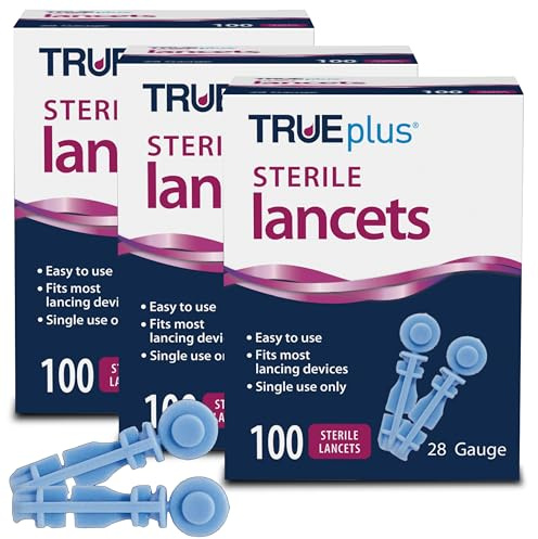 TRUEplus Single-Use Safety Lancets Bundle - 300 Blood Lancets (Sterile, 28g, 4 cm), TRUEplus Log Book