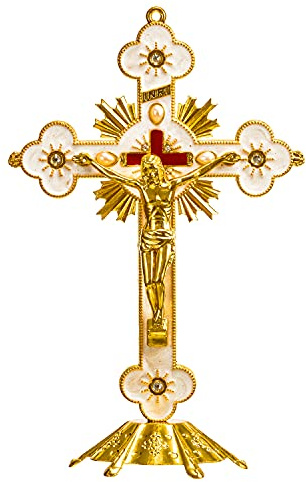 Calculs Cruz de mesa de metal con crucifijo de Jesús, cruz de mesa católica con soporte para oraciones cristianas Jerusalén, decoración del hogar, 8 pulgadas, color dorado